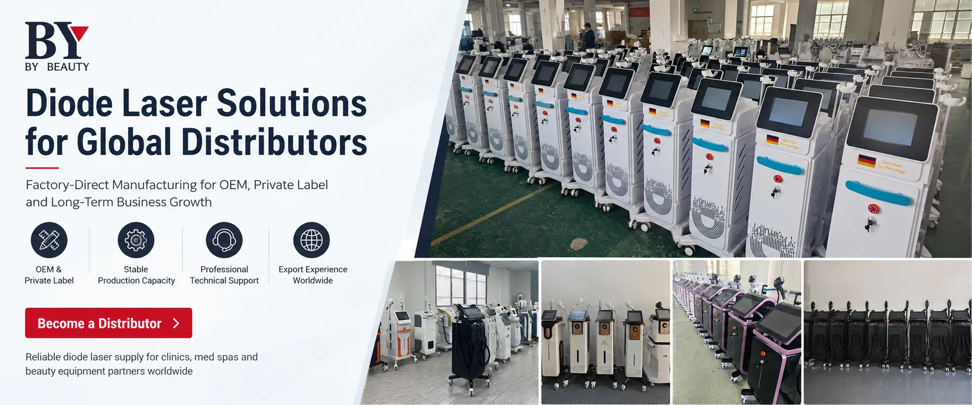 Diode laser machines arranged in batches inside the BY BEAUTY factory
